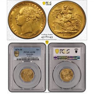 Australia, 1876-M Gold Sovereign, St. George Reverse, PCGS AU58