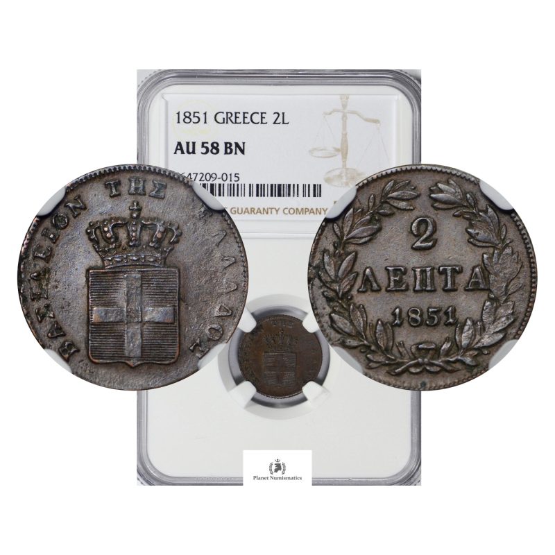 Greece, 1851 2 Lepta, King Otto, Copper, NGC AU58 BN