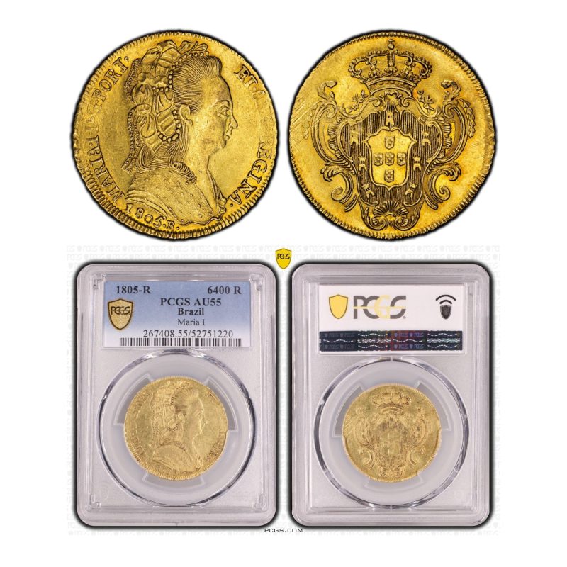 Brazil, 1805-R 6400 Reis, Maria I, Gold, PCGS AU55