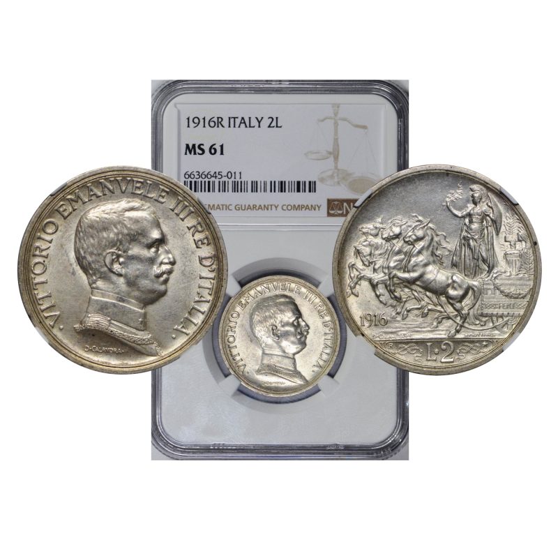Italy, 1916-R 2 Lire, Vittorio Emmanuel III, Silver, NGC MS61