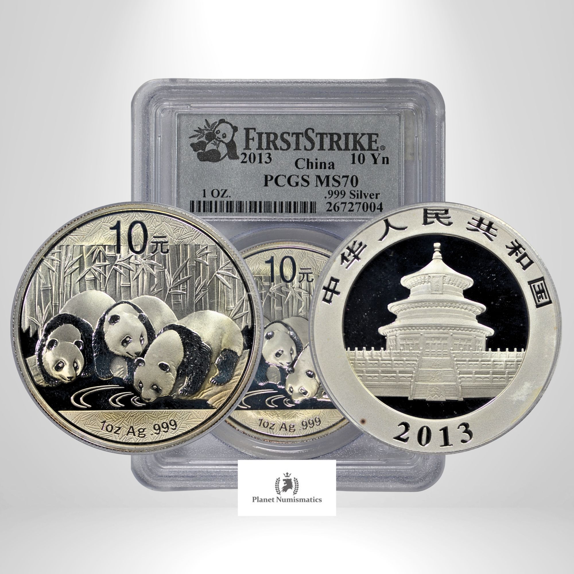 China, 2013 10 Yn, Silver 1oz, Panda, PCGS MS70