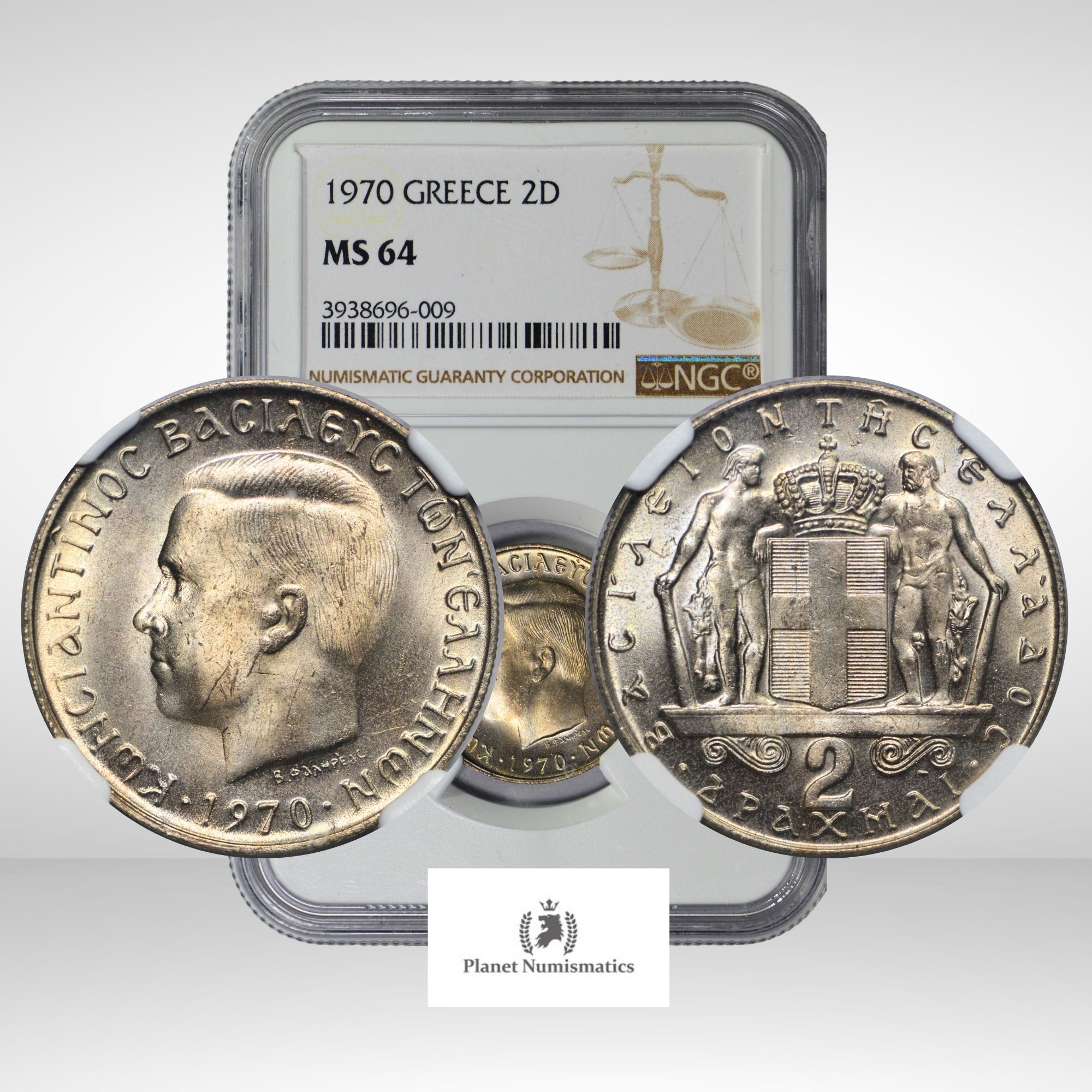 Greece, 1970 2 Drachmai, Constantine II, CuNi, NGC MS64