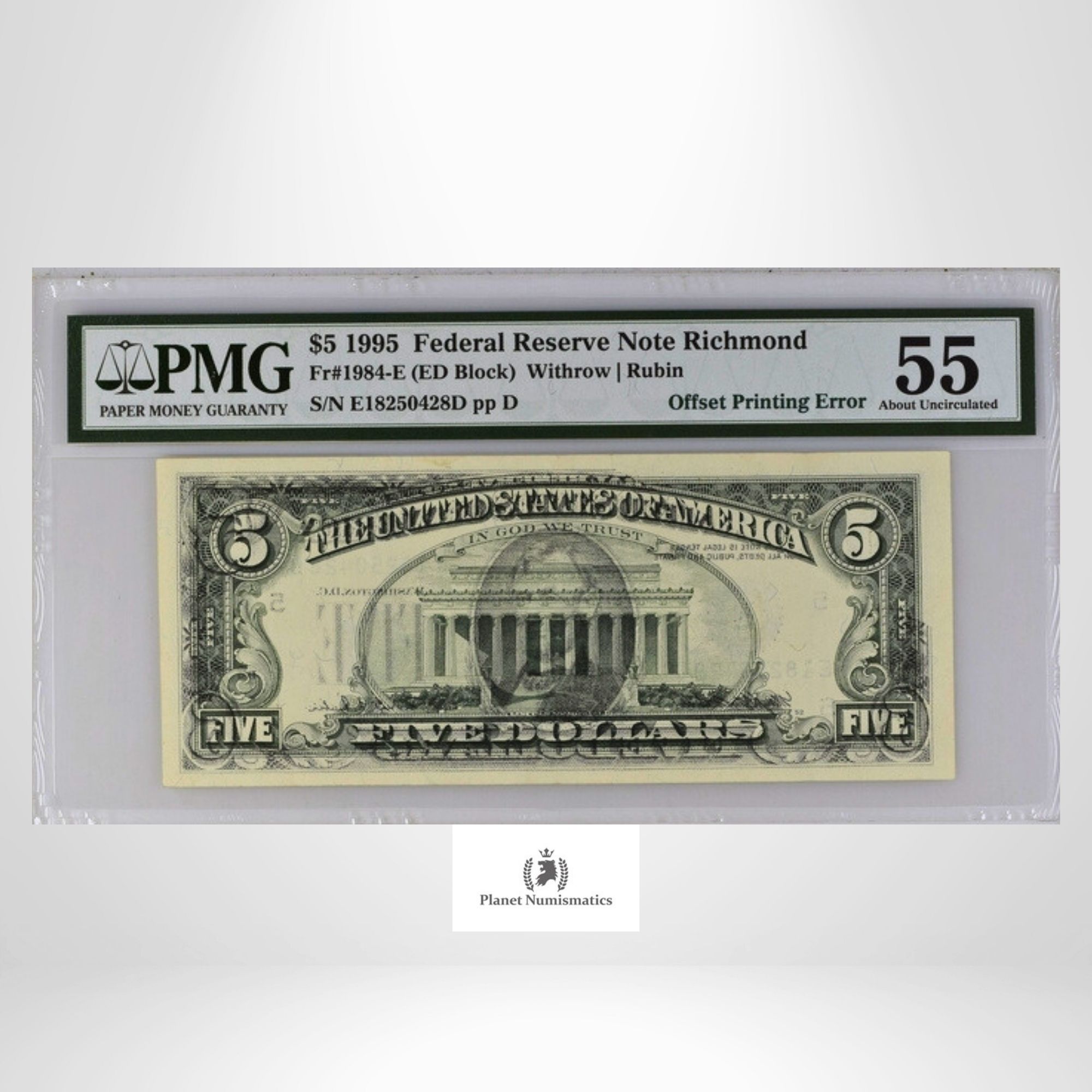 USA, 1995 5 Dollars, Federal Reserve Note Richmond, PMG 55 About Unc