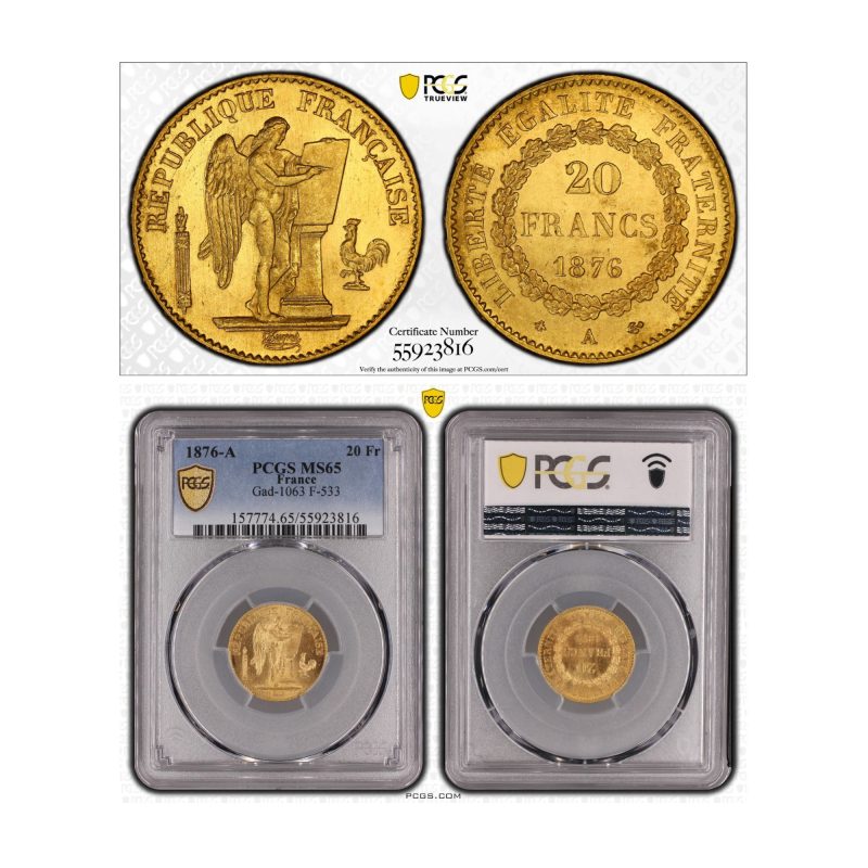 France, 1876-A 20 Francs, Gold, PCGS MS65