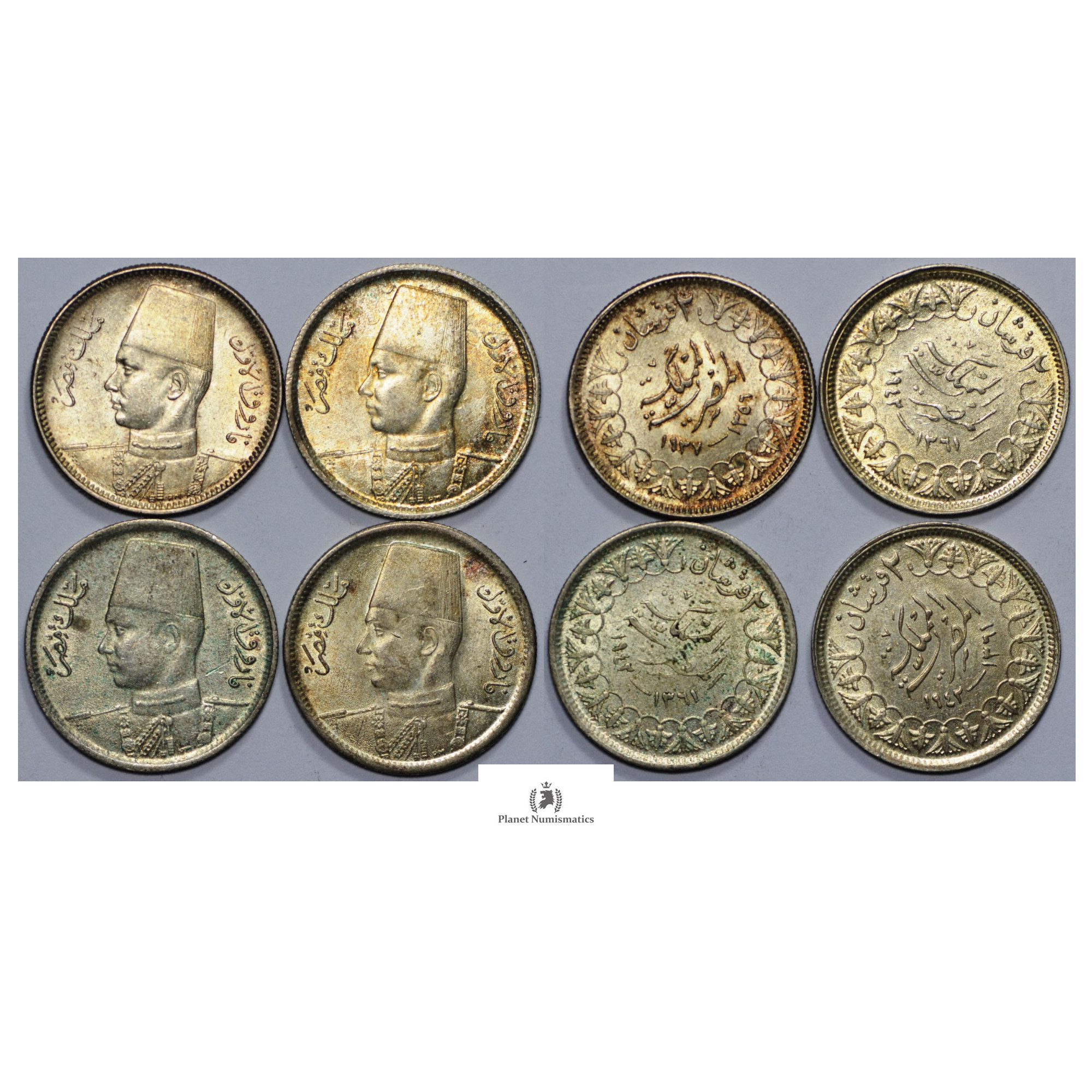 Egypt, 1937-1942 2 Piastres, Farouk, Silver Lot 4 pcs