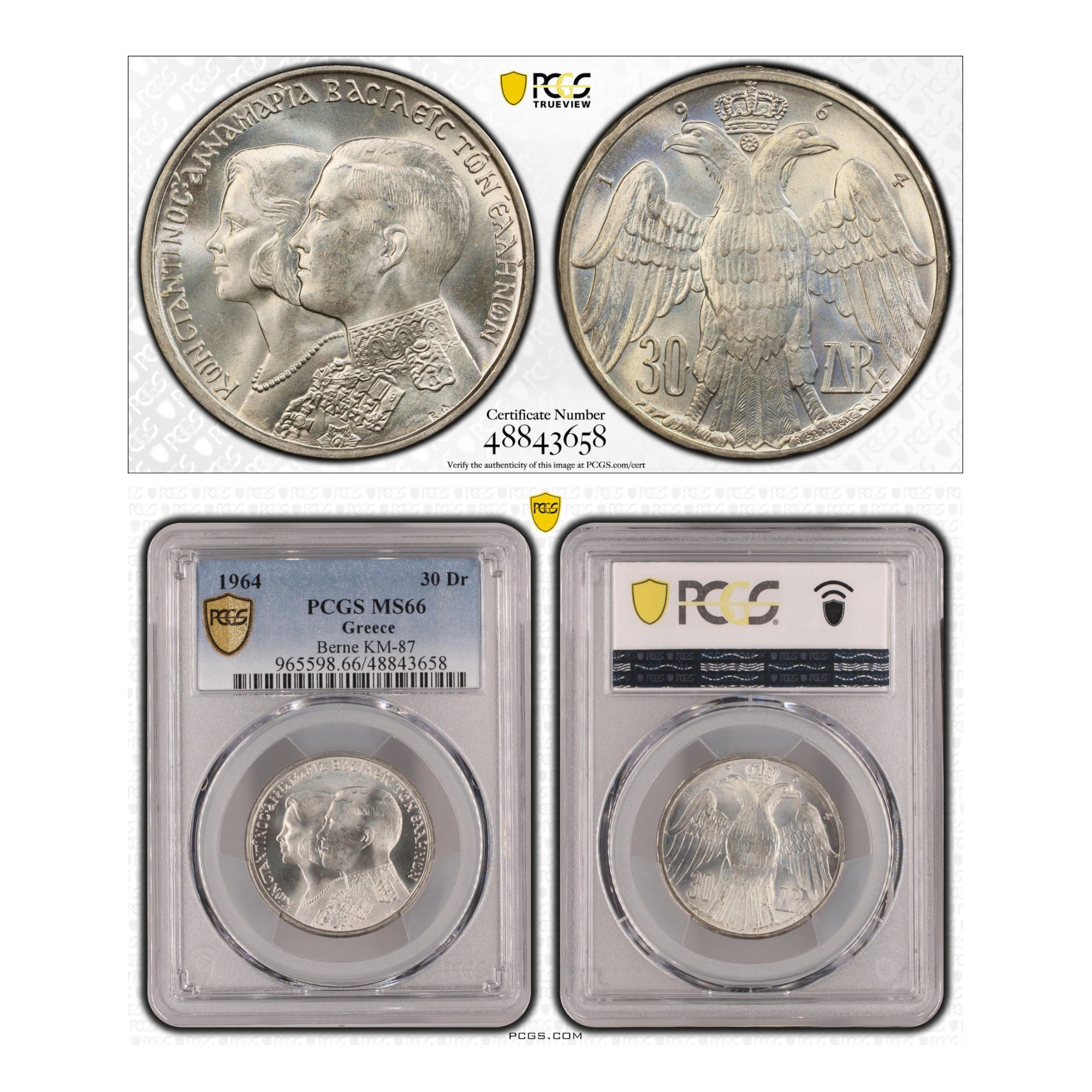 Greece, 1964 30 Drachmai, Silver, Berne, PCGS MS66