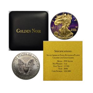 USA, 2016 Silver Eagle Dollar, Ruthenium – Gold Plated – Colored, Golden Noir