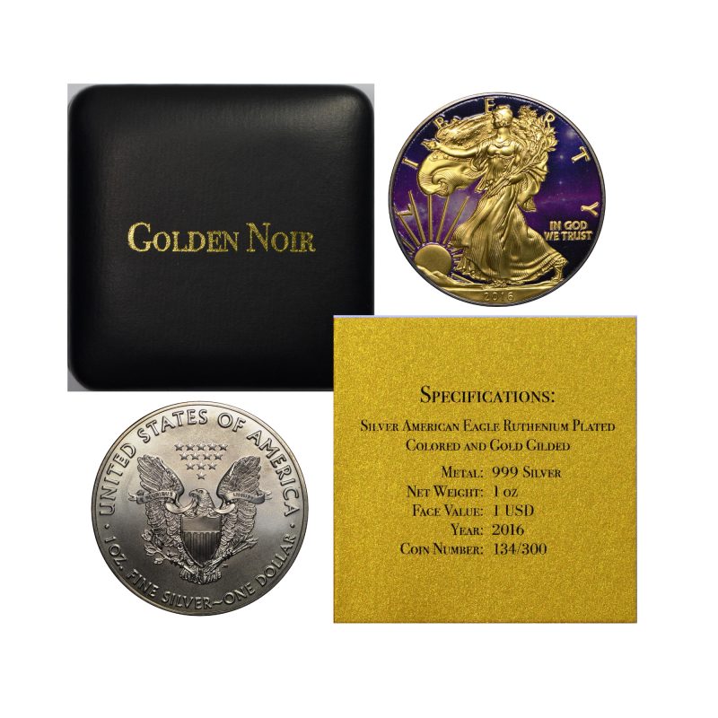 USA, 2016 Silver Eagle Dollar, Ruthenium - Gold Plated - Colored, Golden Noir