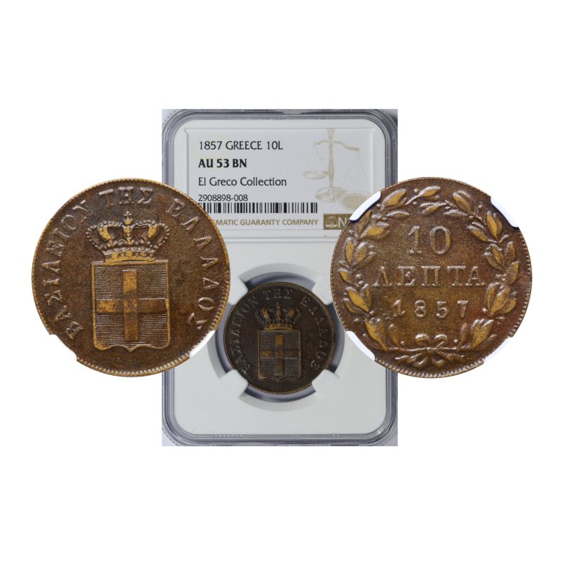 Greece, 1857 10 Lepta, Copper, King Otto, NGC AU53BN