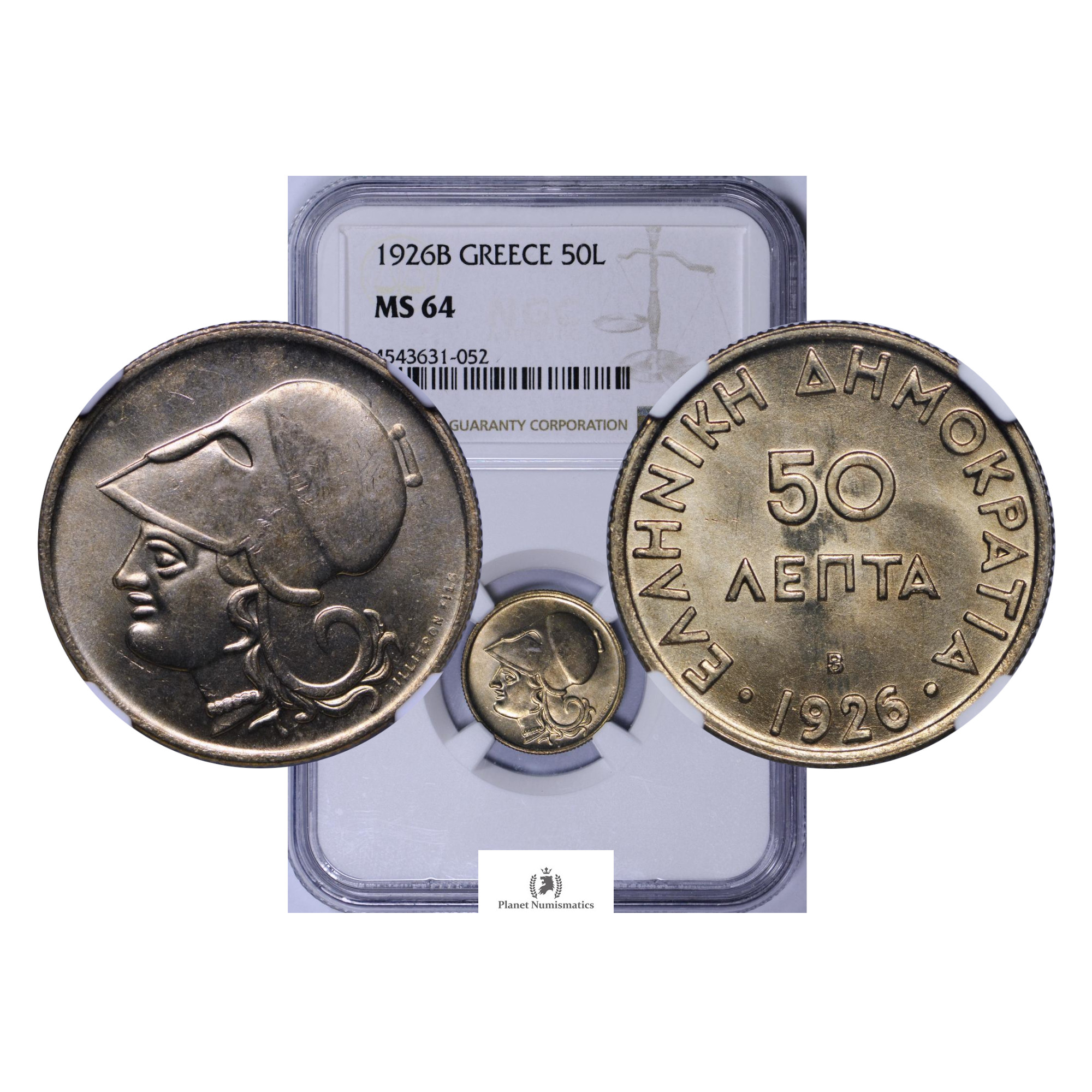 Greece, 1926-B 50 Lepta, Hellenic Republic, CuNi, NGC MS64