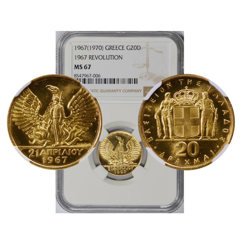 Greece, 1967 20 Drachmai, Revolution, Gold, NGC MS67