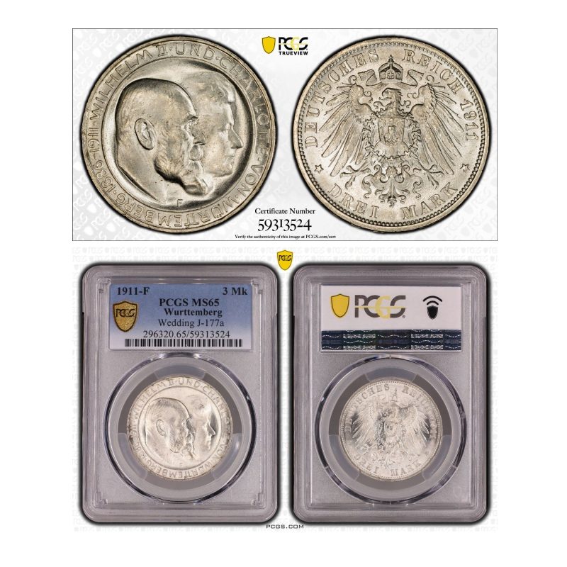 Germany, 1911-F 3 Mark, William II, Silver, PCGS MS65