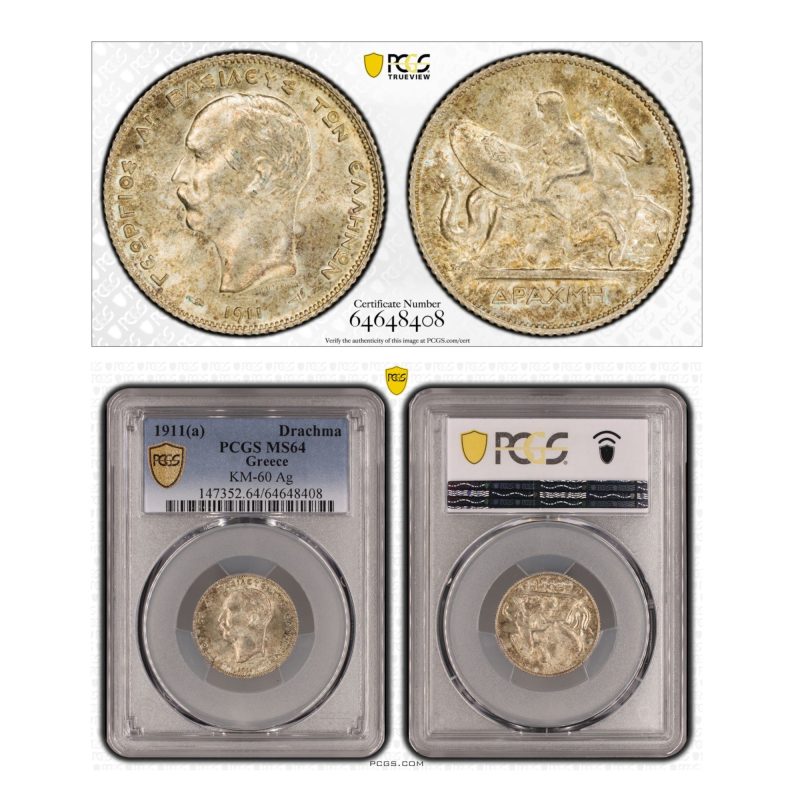 Greece, 1911 Drachma, Silver, George I, PCGS MS64