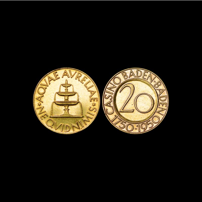 Germany, 1950 20 Mark, Casino Baden - Baden, Gold, AU/UNC Rare