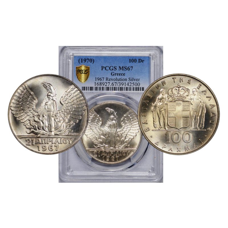 Greece, 1967 100 Drachmai, Revolution, Silver, PCGS MS67